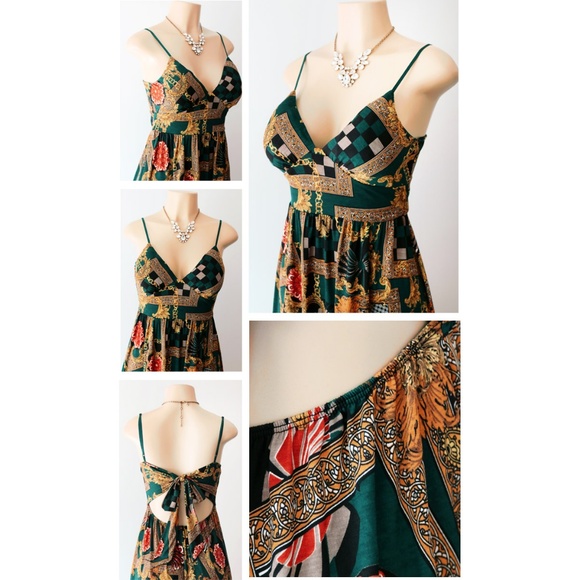 Green Gold Bow Tie Back Stretchy Jersey Knit Dress - Picture 3 of 7